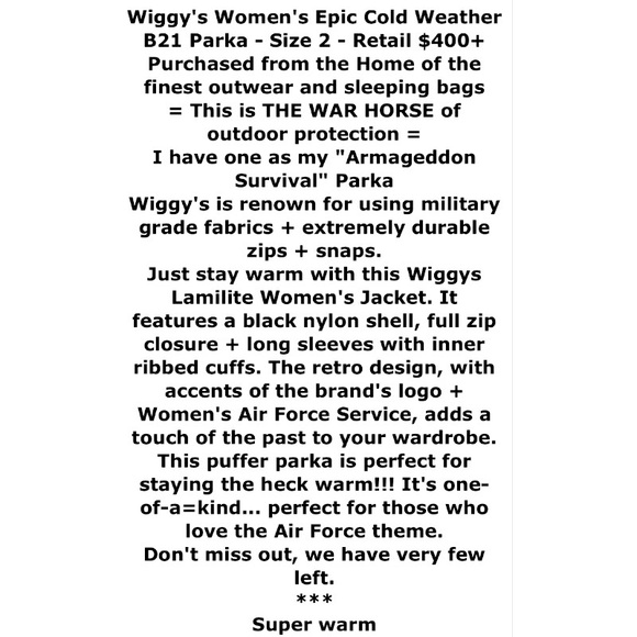 Very Extreme Weather Vintage Parka Womens Euro 2 Black WIGGY Lofty Insulated NWT - Picture 2 of 16